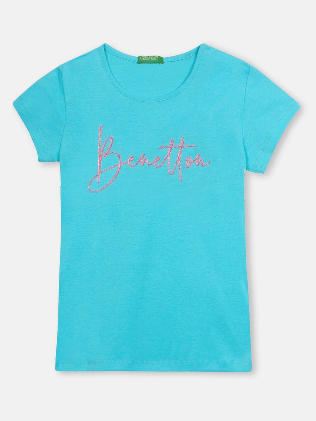 

United Colors of Benetton Girls Blue Typography Printed Cotton T-shirt
