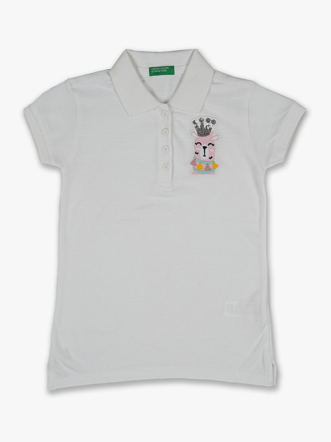 

United Colors of Benetton Girls White Polo Collar Applique Cotton T-shirt