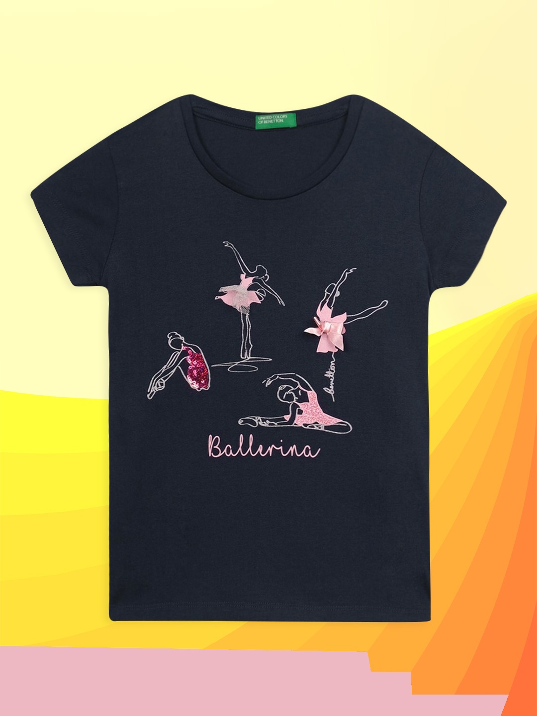 

United Colors of Benetton Girls Navy Blue & Pink Floral Printed T-shirt