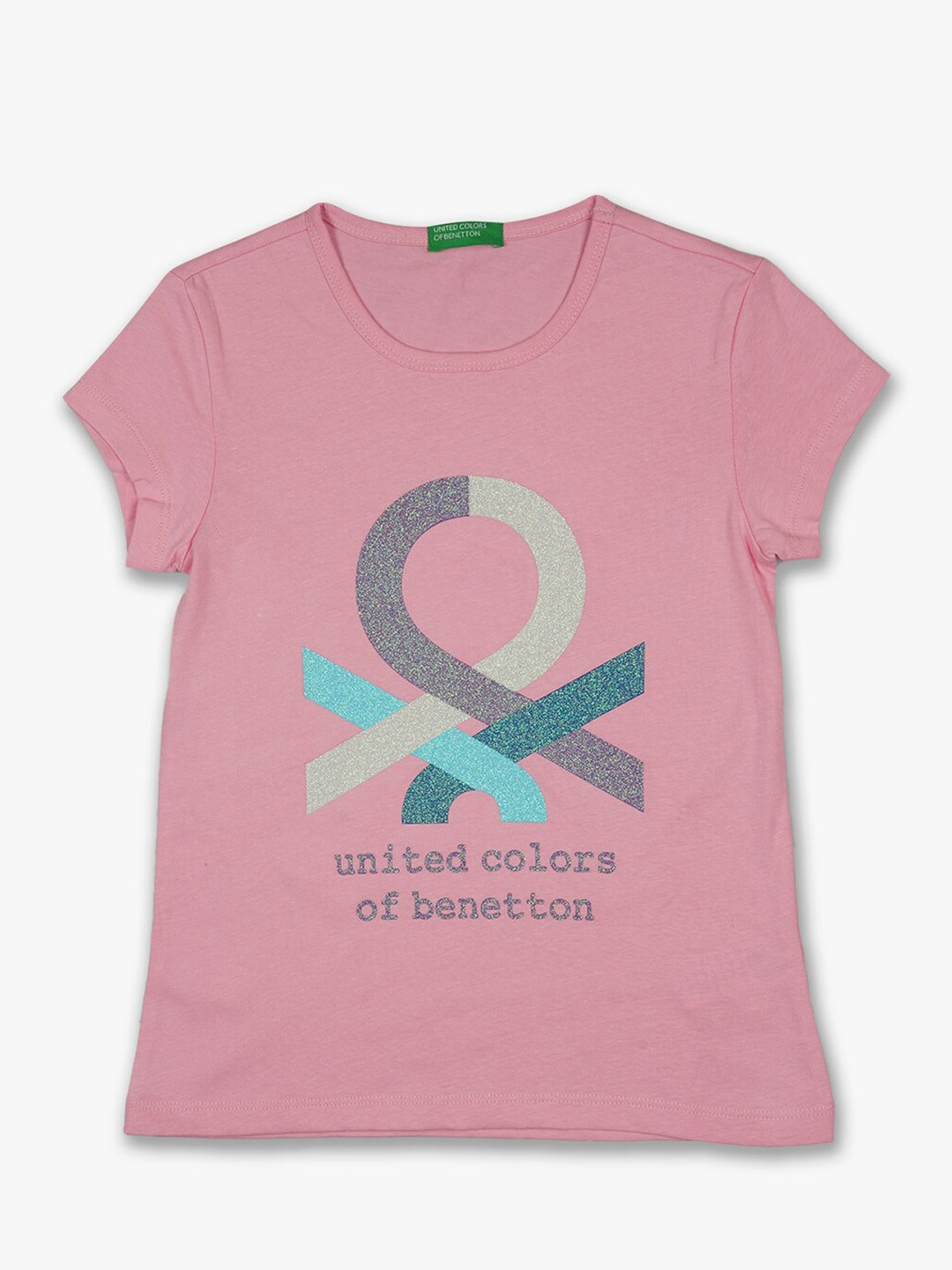

United Colors of Benetton Girls Pink & Blue Brand Logo Printed Cotton T-shirt