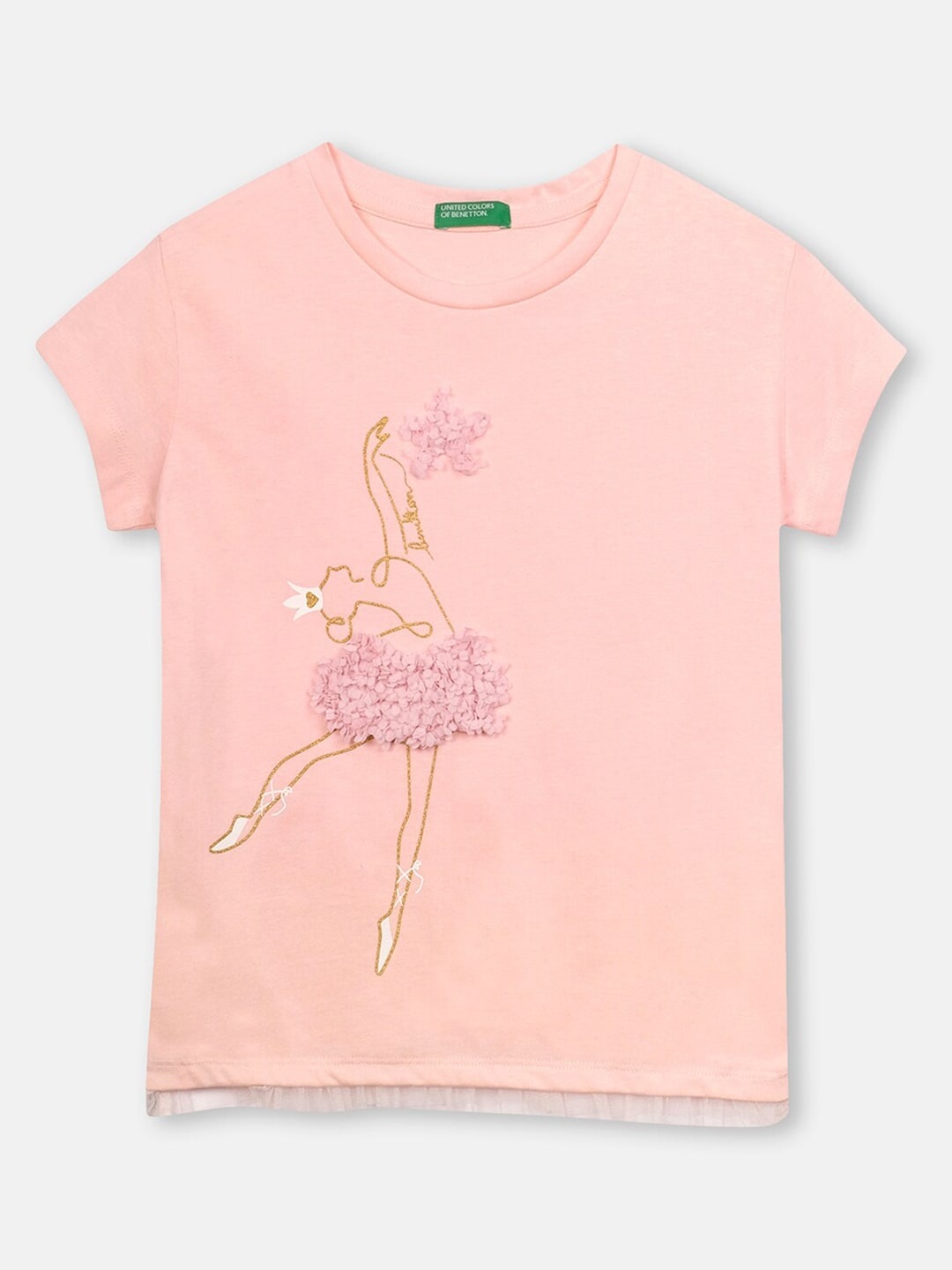 

United Colors of Benetton Girls Pink Printed Applique T-shirt