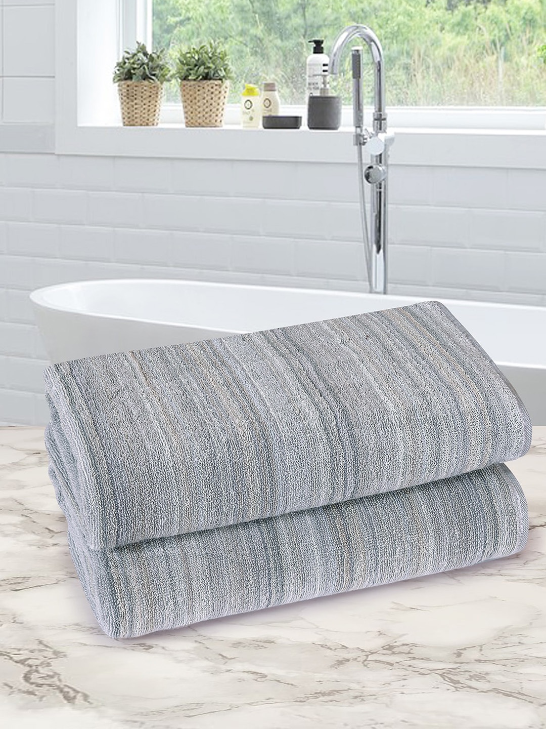 

ROMEE Set Of 2 Grey Striped 500 GSM Cotton Bath Towels