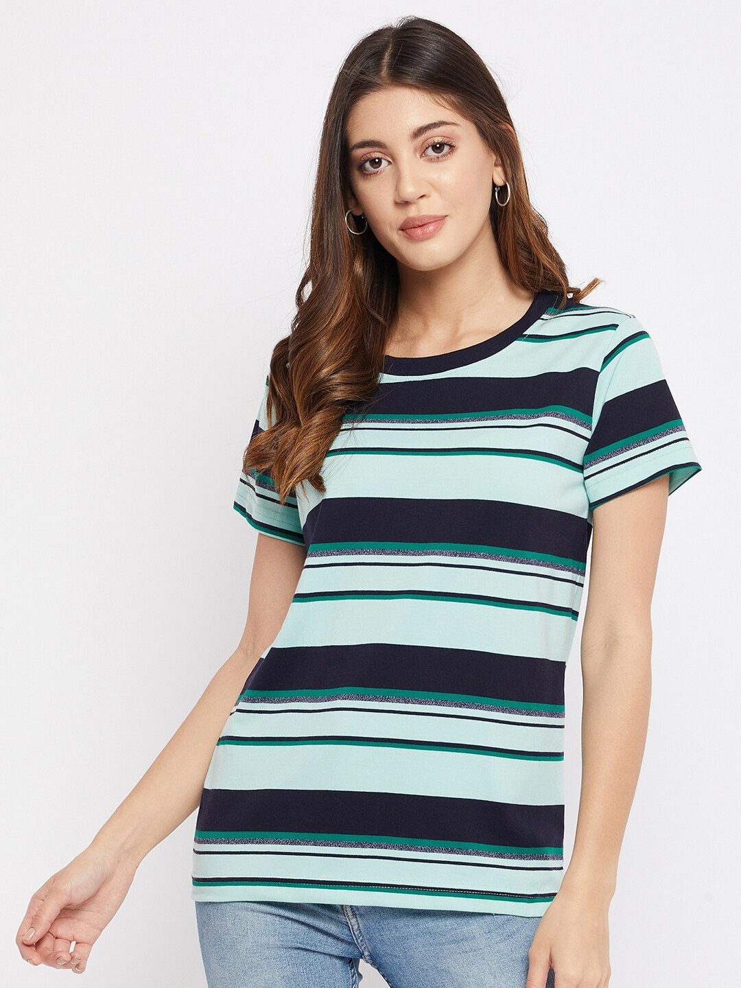 

FirstKrush Women Sea Green Striped Drop-Shoulder Sleeves T-shirt