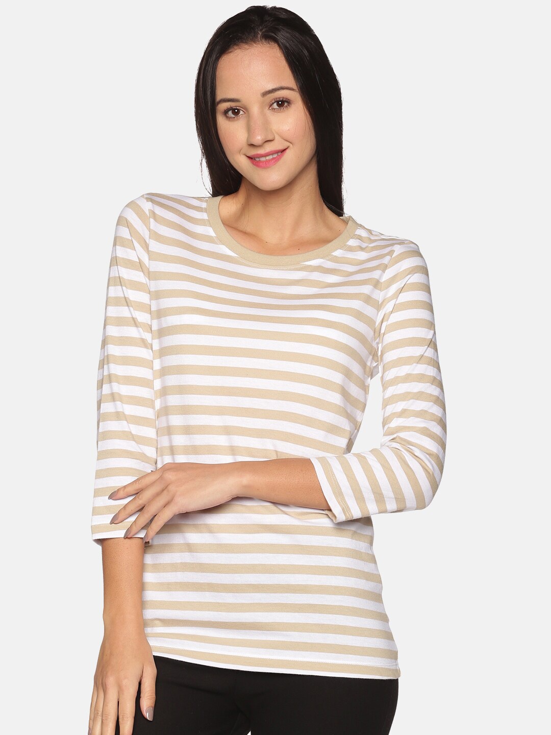 

UrGear Women Beige Striped Running Cotton T-shirt