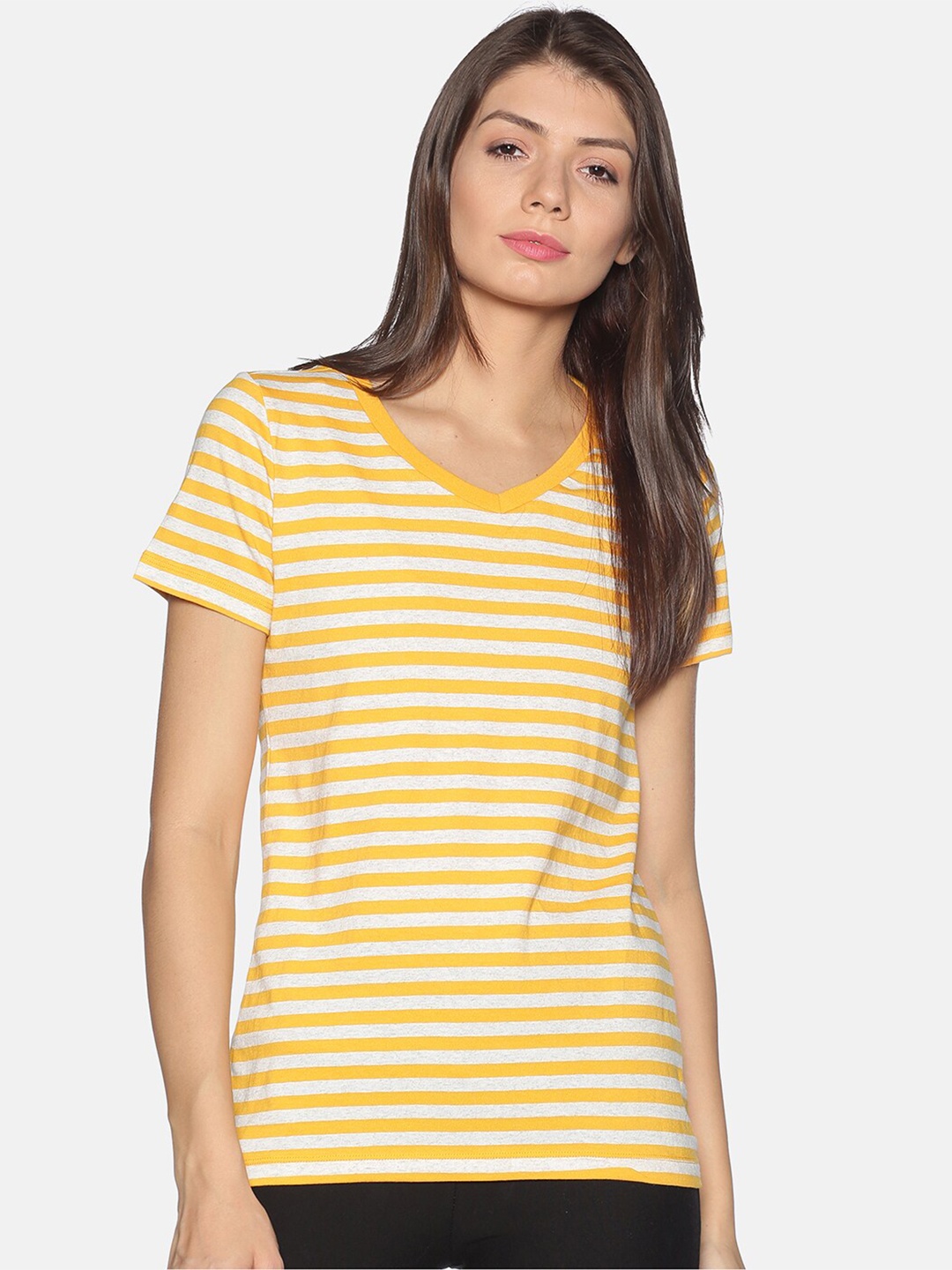 

UrGear Women Yellow Striped V-Neck Cotton T-shirt