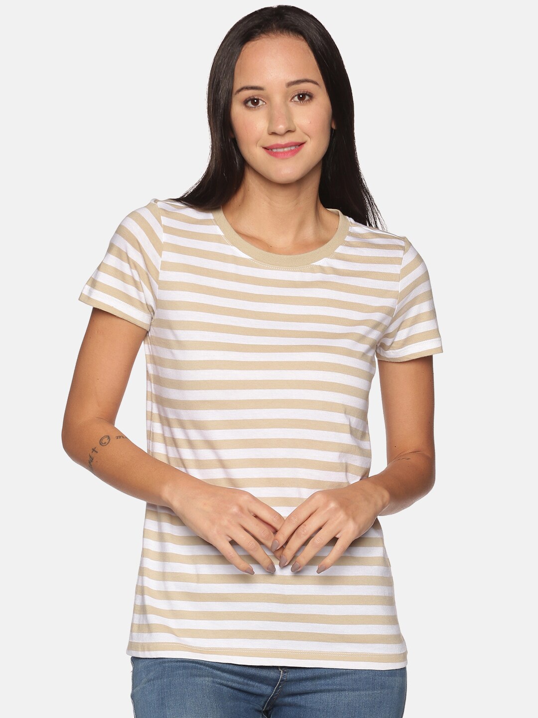

UrGear Women Beige Striped Cotton T-shirt