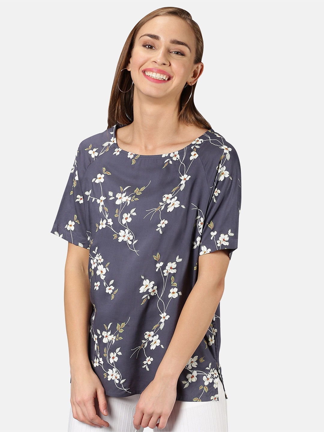 

UrGear Women Navy Blue Floral Print Longline Top