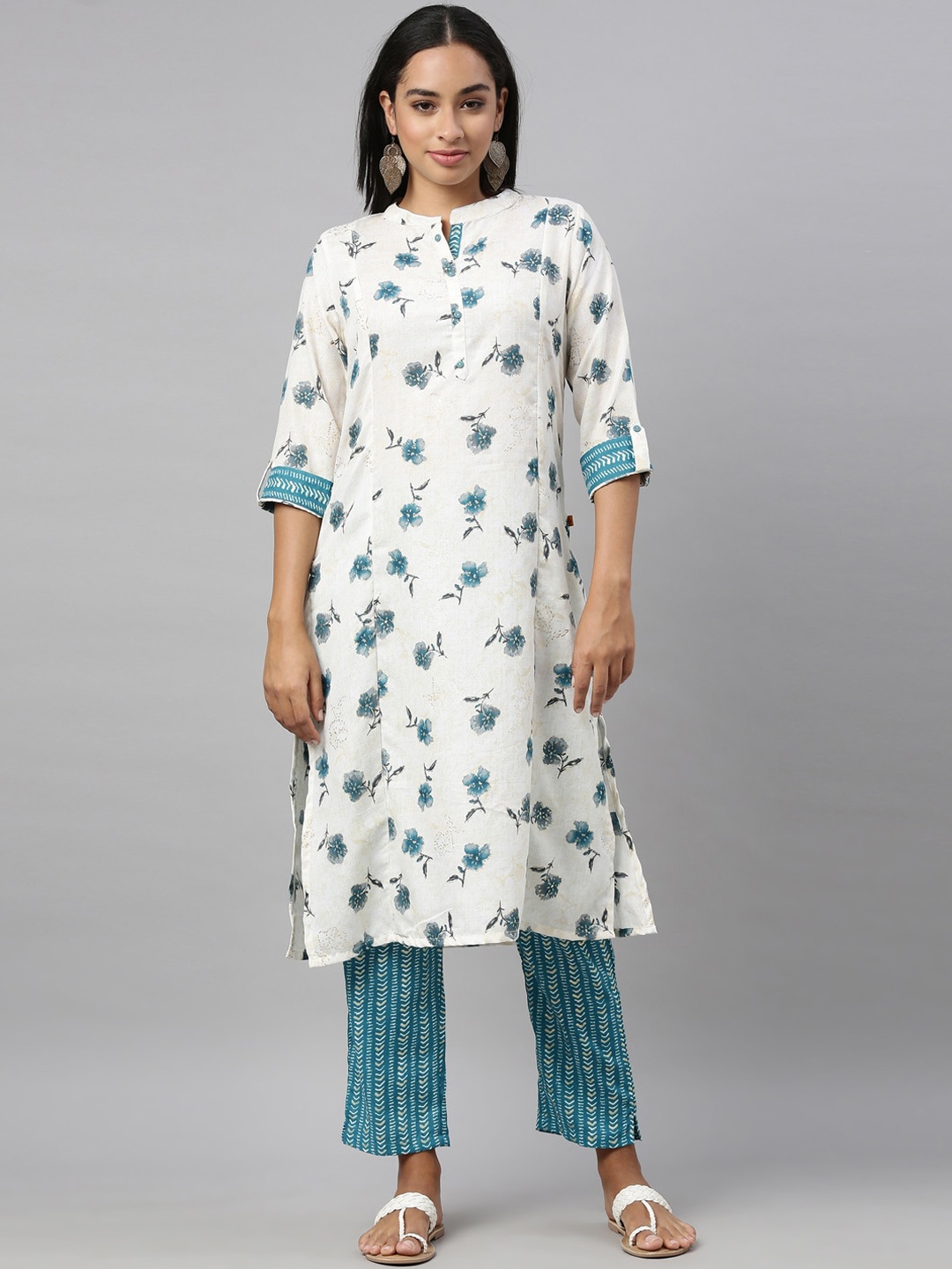 

Nahara Women Blue Printed Kurti with Trousers & With Dupatta
