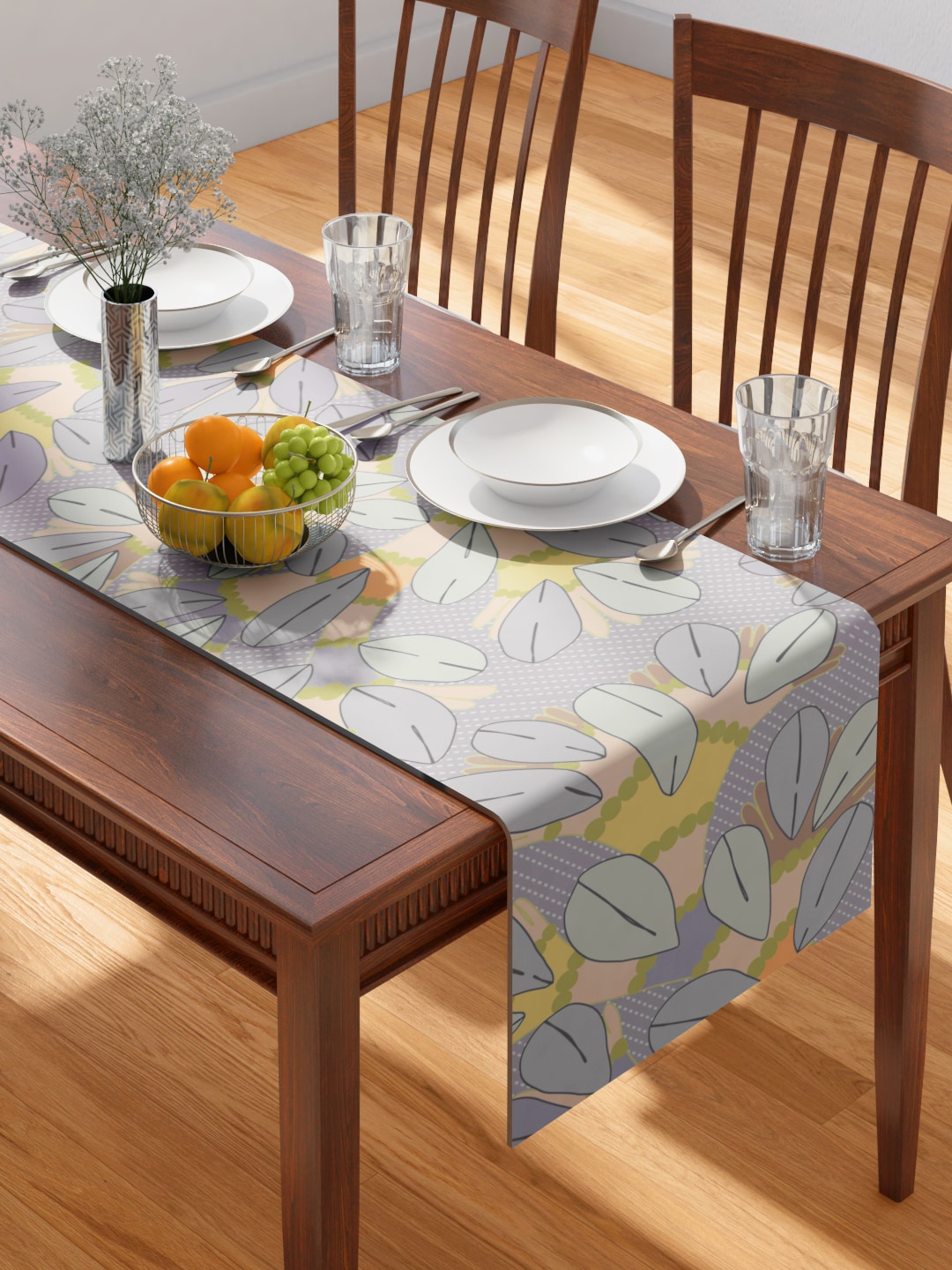 

PETAL HOME Blue & Yellow Gondi Tree Printed Pure Cotton Table Runner