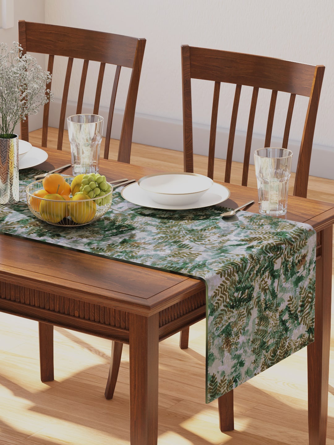 

PETAL HOME Green Printed Pure Cotton Table Runner