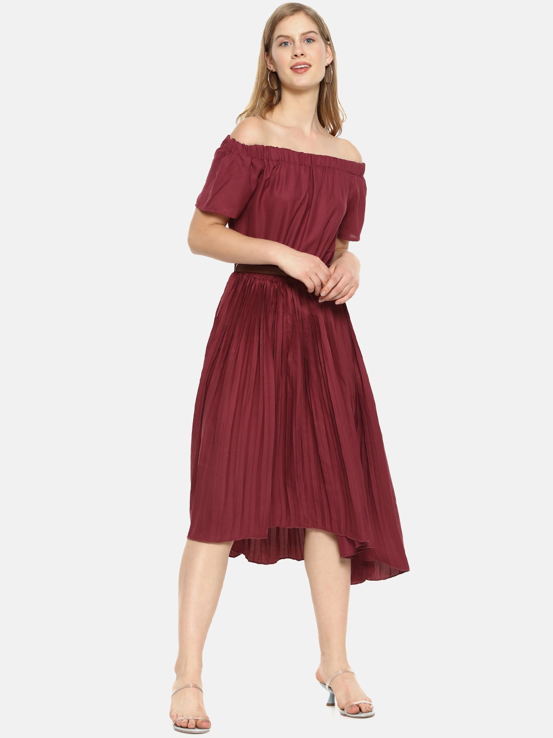 

Campus Sutra Maroon Off-Shoulder Belted Crepe Midi Dress
