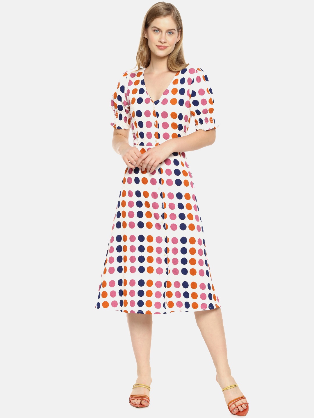 

Campus Sutra White & Blue Printed A-Line Dress