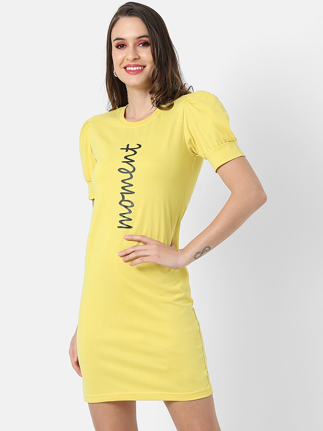 

Campus Sutra Women Yellow Typography Printed Cotton T-shirt Dress