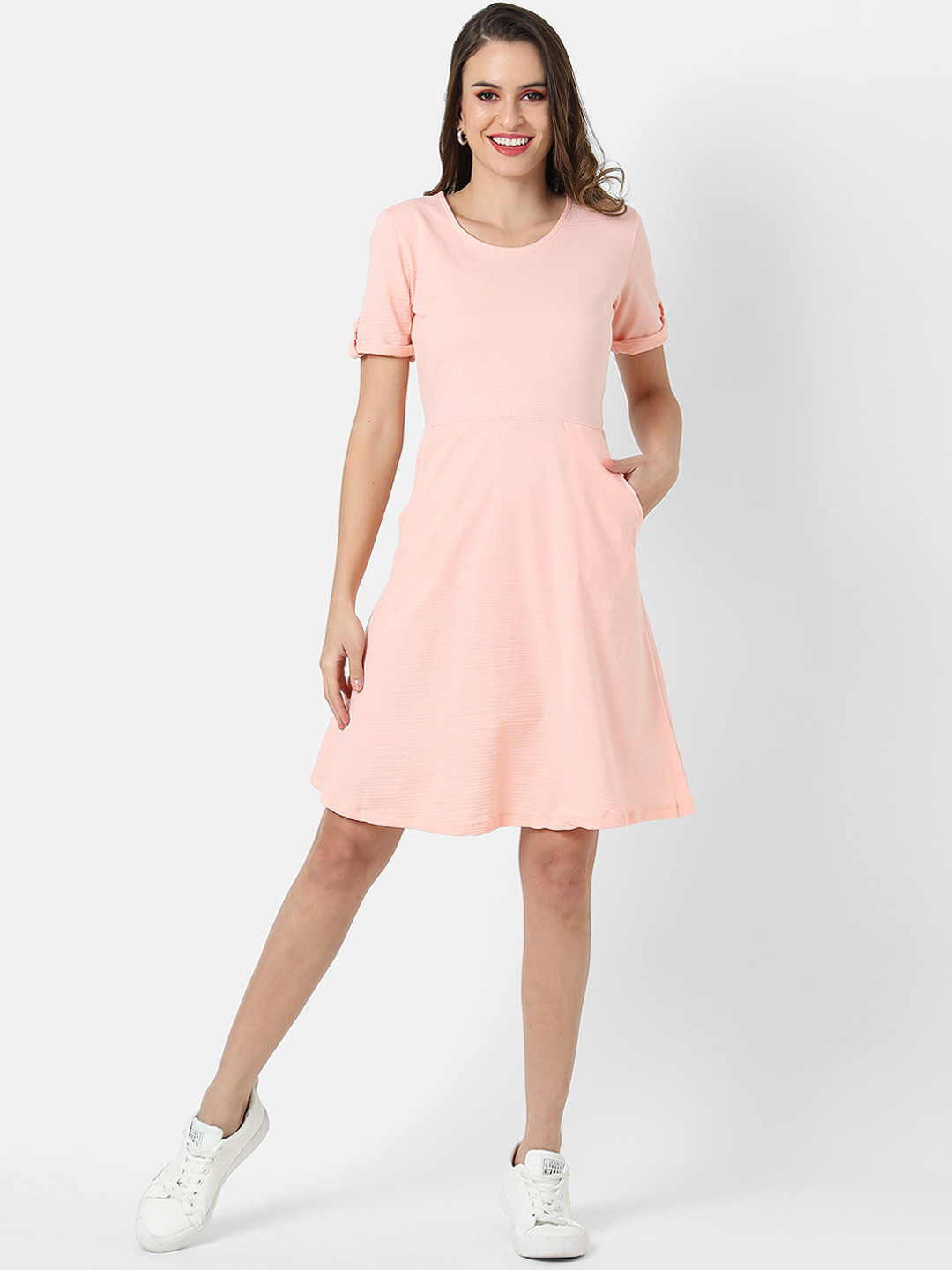 

Campus Sutra Pink Striped Cotton A-Line Dress