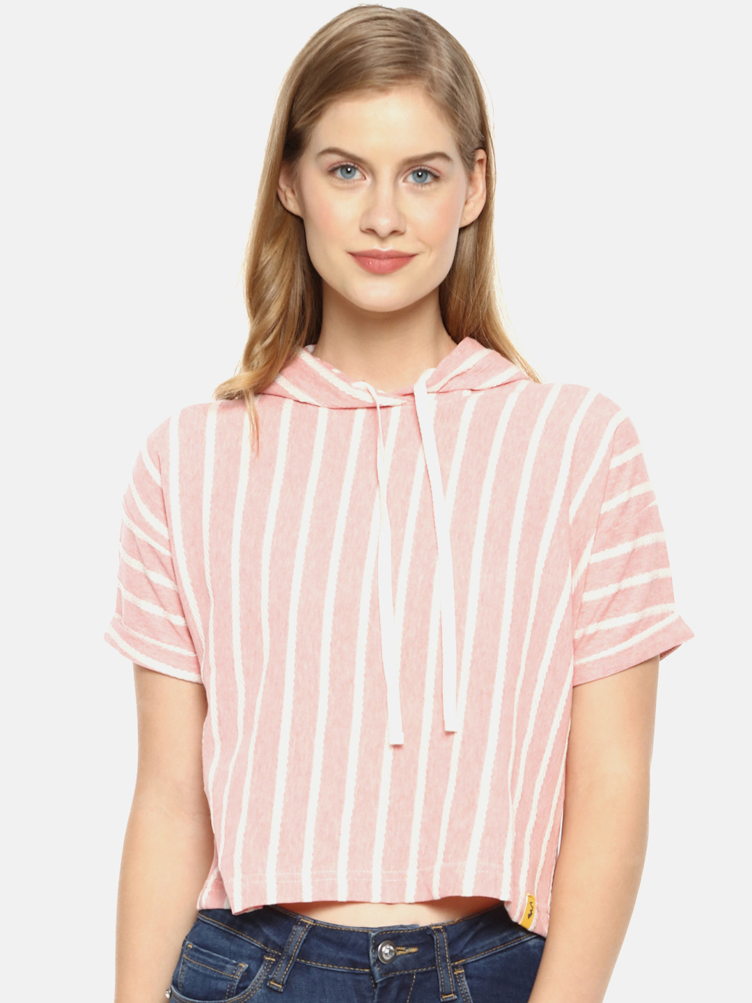 

Campus Sutra Women Pink Striped Pure Cotton Crop Top