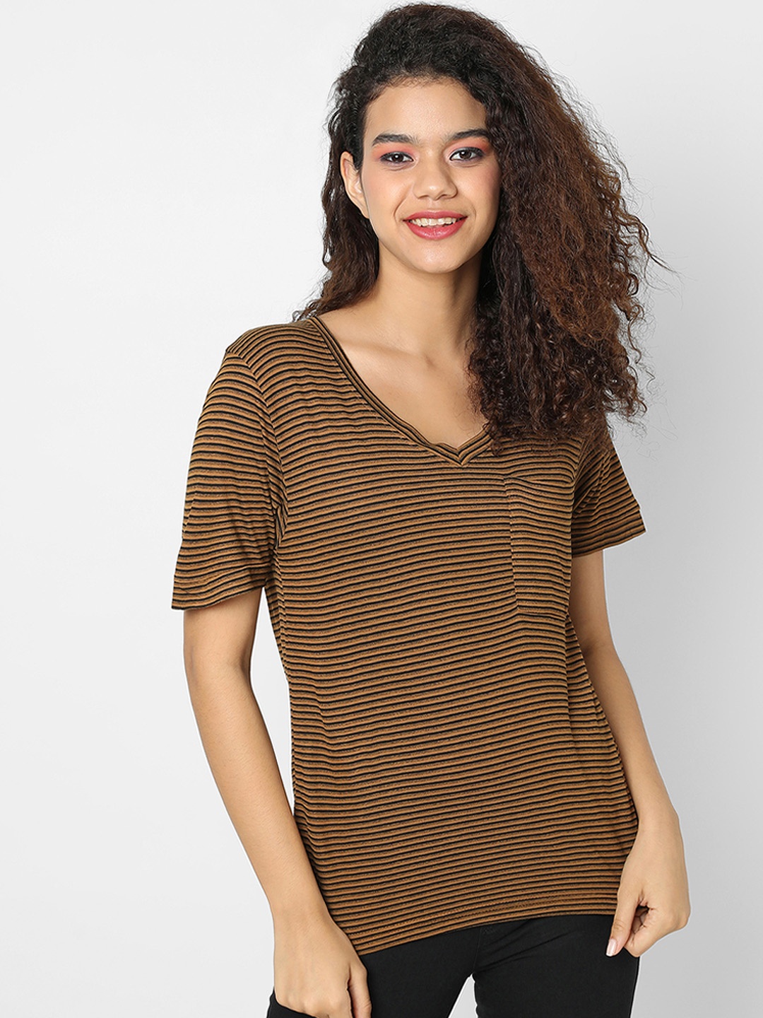 

Campus Sutra Brown Striped Pure Cotton Regular Top
