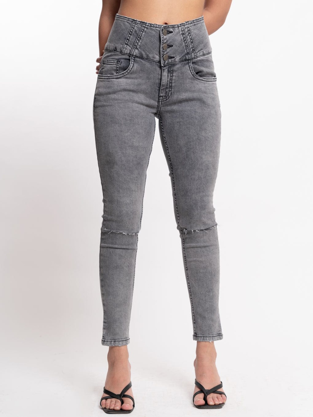 

FREAKINS Women Beautiful Grey High-Rise Skinny Fit Cropped Jeans