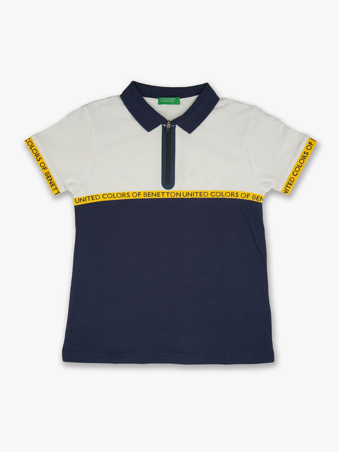 

United Colors of Benetton Boys Off White & Blue Polo Collar T-shirt