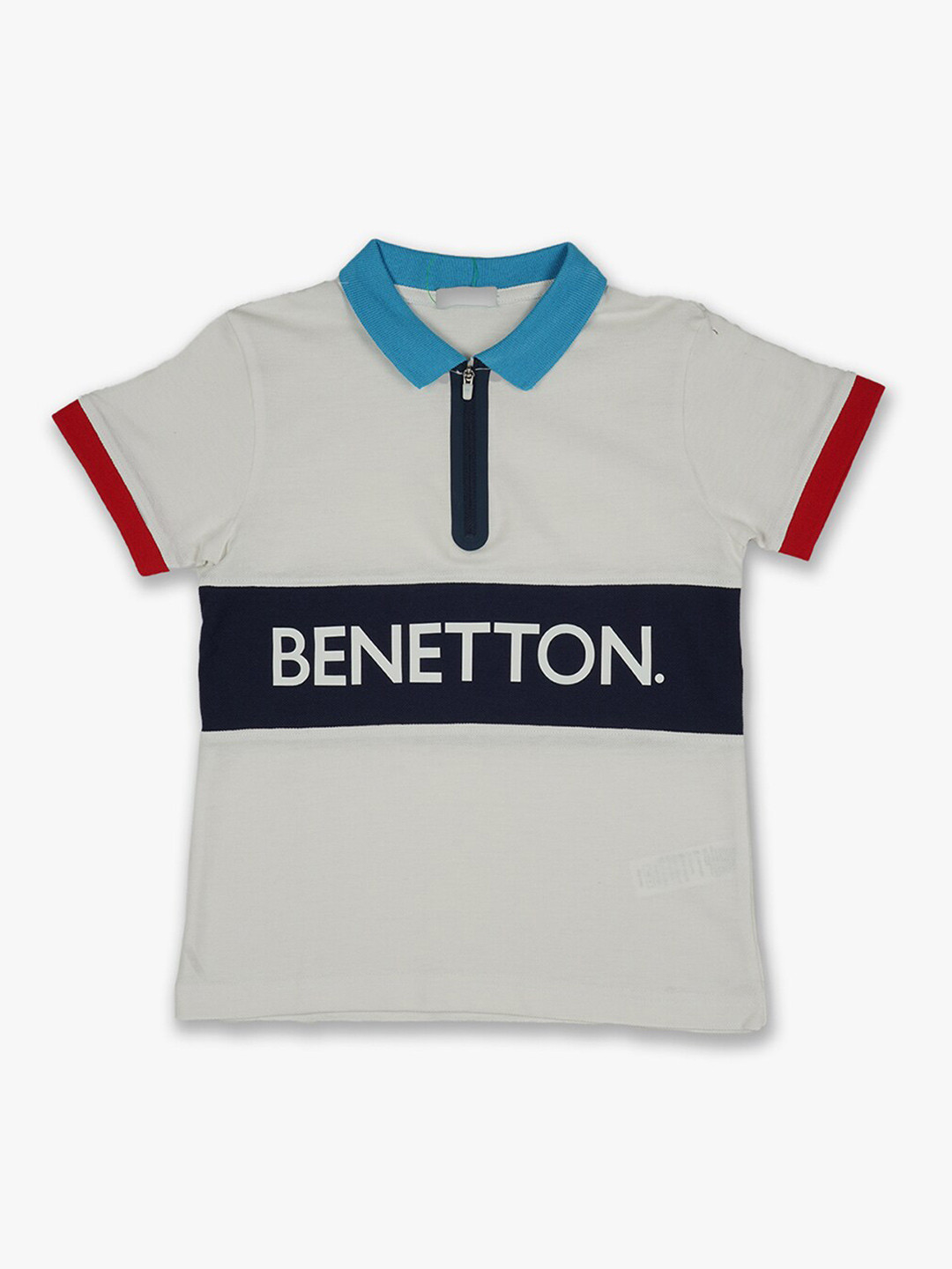 

United Colors of Benetton Boys Off White & Blue Brand Logo Polo Collar T-shirt