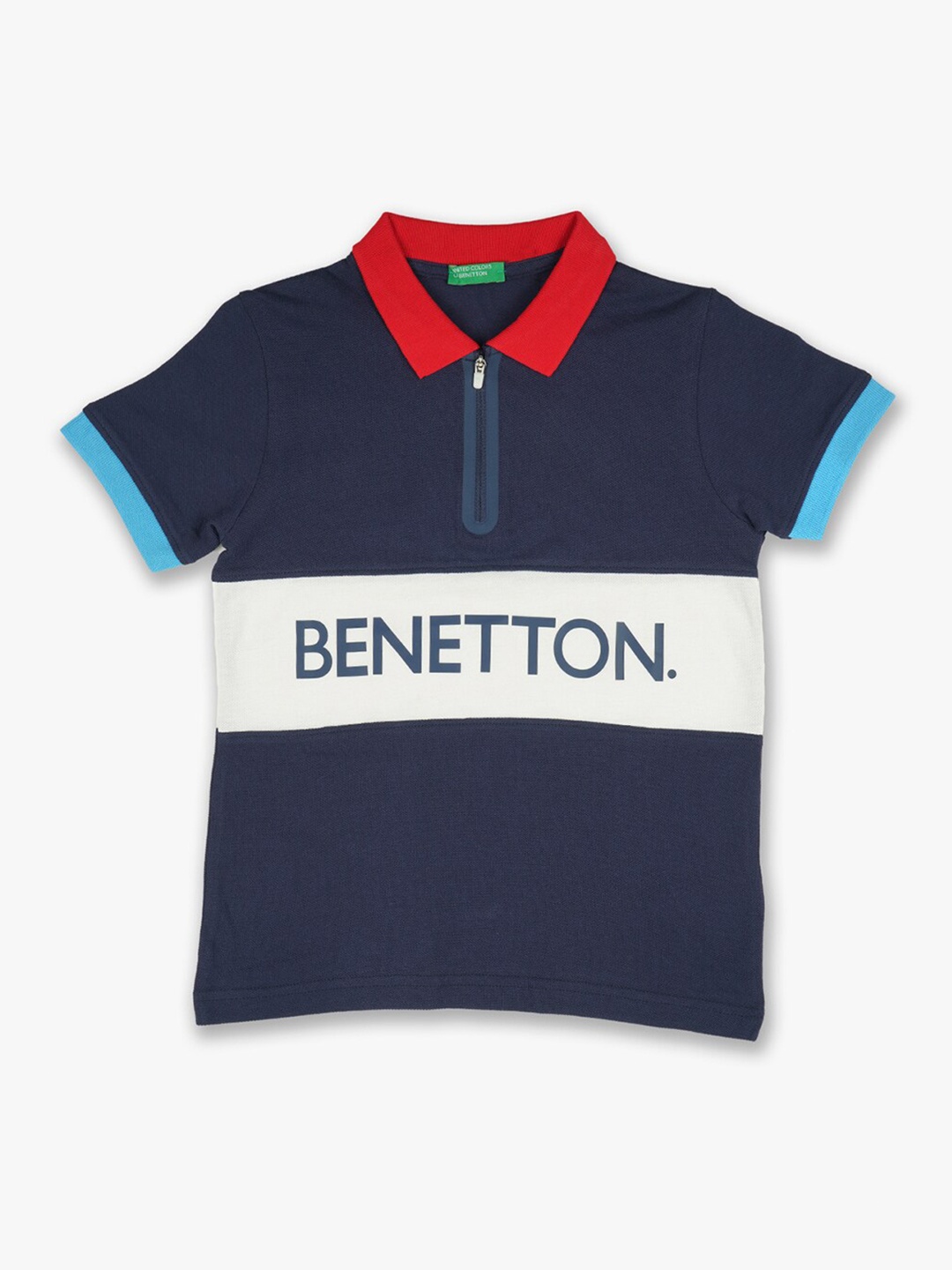 

United Colors of Benetton Boys Navy Blue & White Typography Striped Polo Collar T-shirt