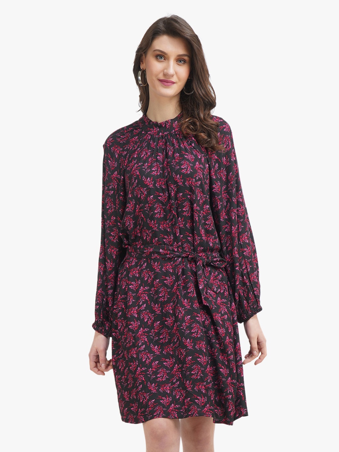 

United Colors of Benetton Black & Pink Floral Printed Belted A-Line Dress