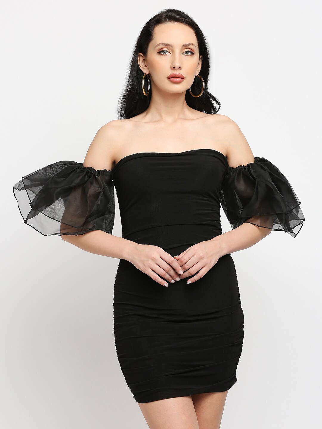 

LYKKEIN Black Off-Shoulder Bodycon Ruched Mini Dress