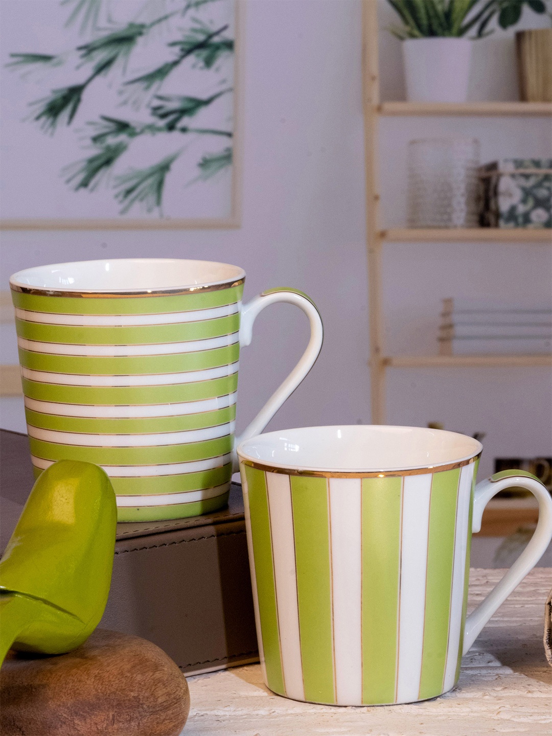 

SONAKI Set Of 2 White & Green Printed Bone China Glossy Cups