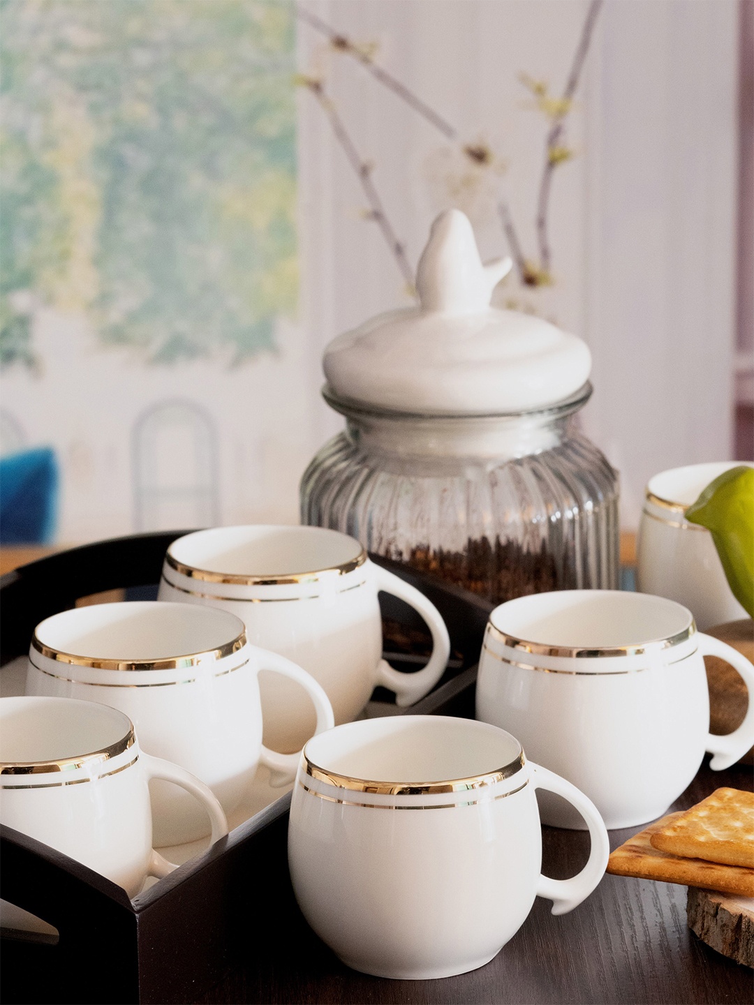 

SONAKI Set Of 6 White & Gold-Toned Printed Bone China Glossy Cups