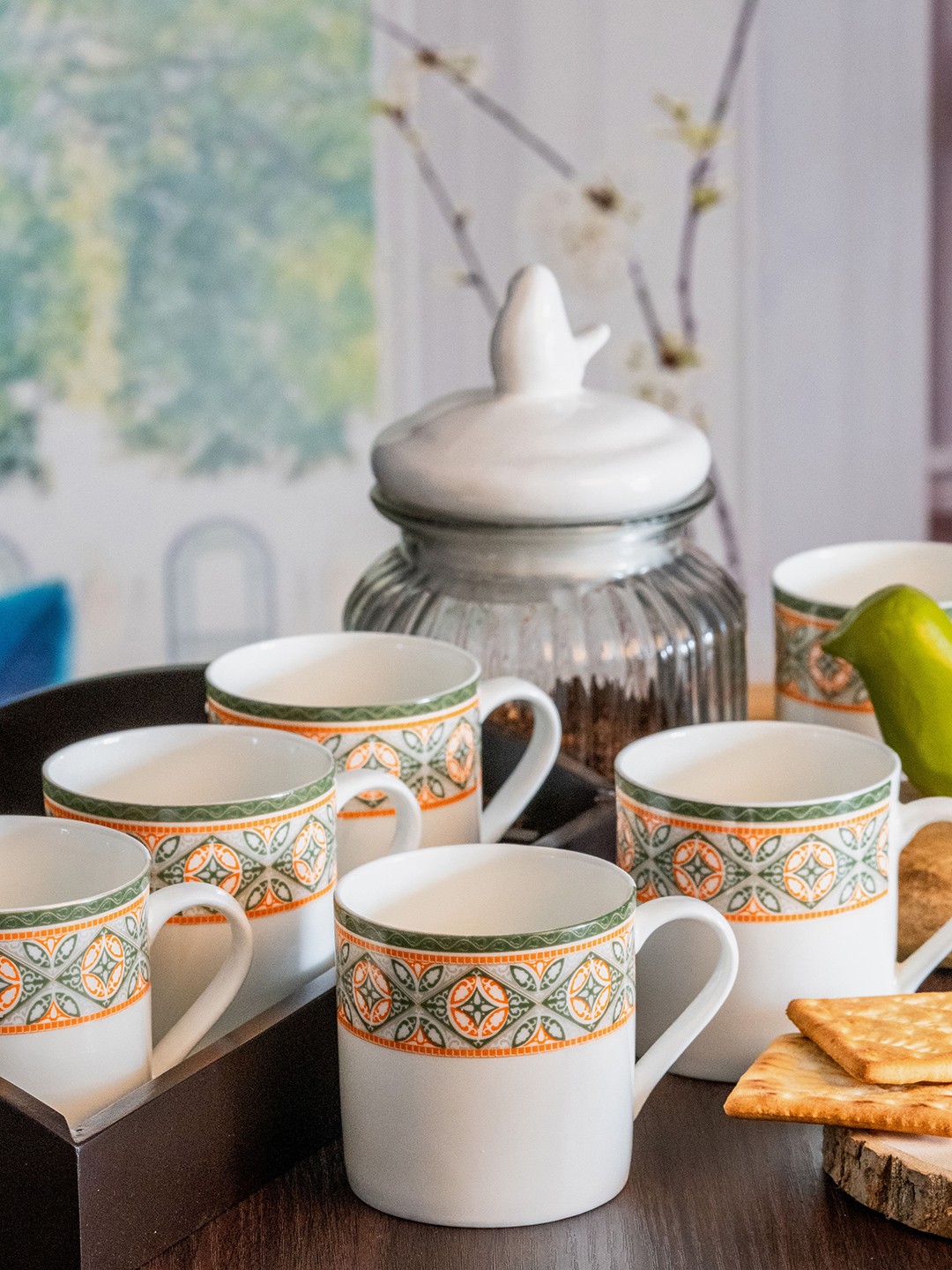 

SONAKI White & Orange Printed Bone China Glossy Cups
