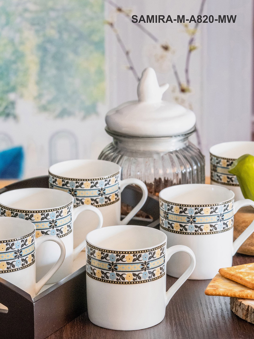 

SONAKI White & Black Printed Set of 6 Bone China Glossy Cups
