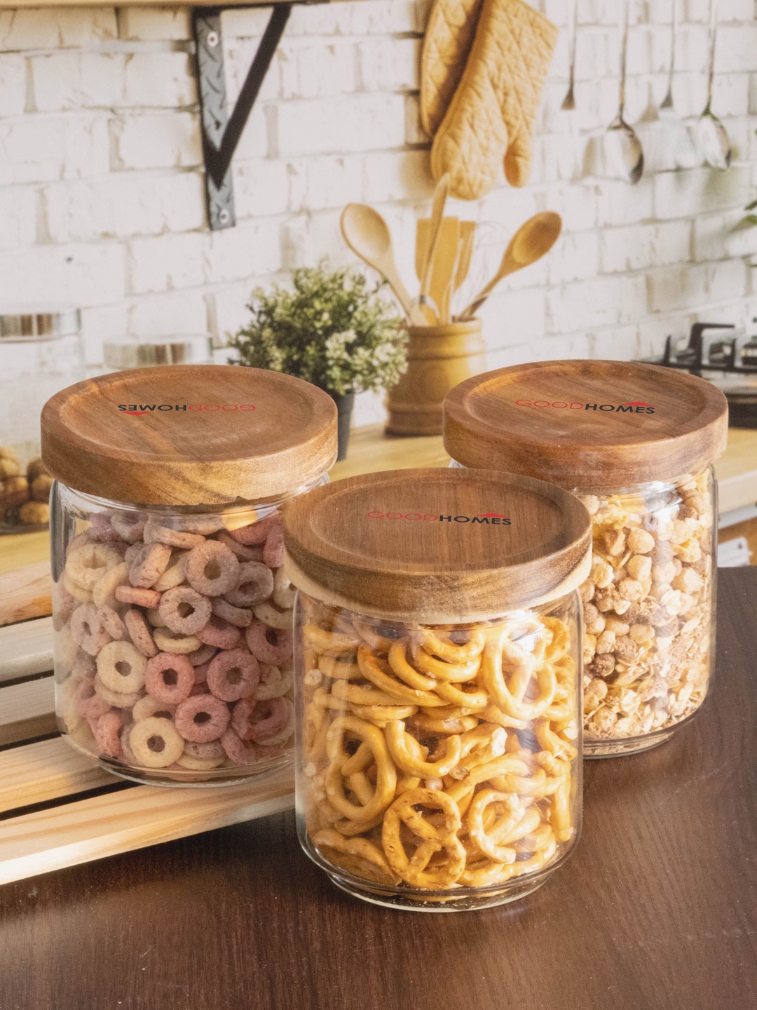 

GOODHOMES Set Of 2 Transparent & Brown Solid Glass Storage Jars