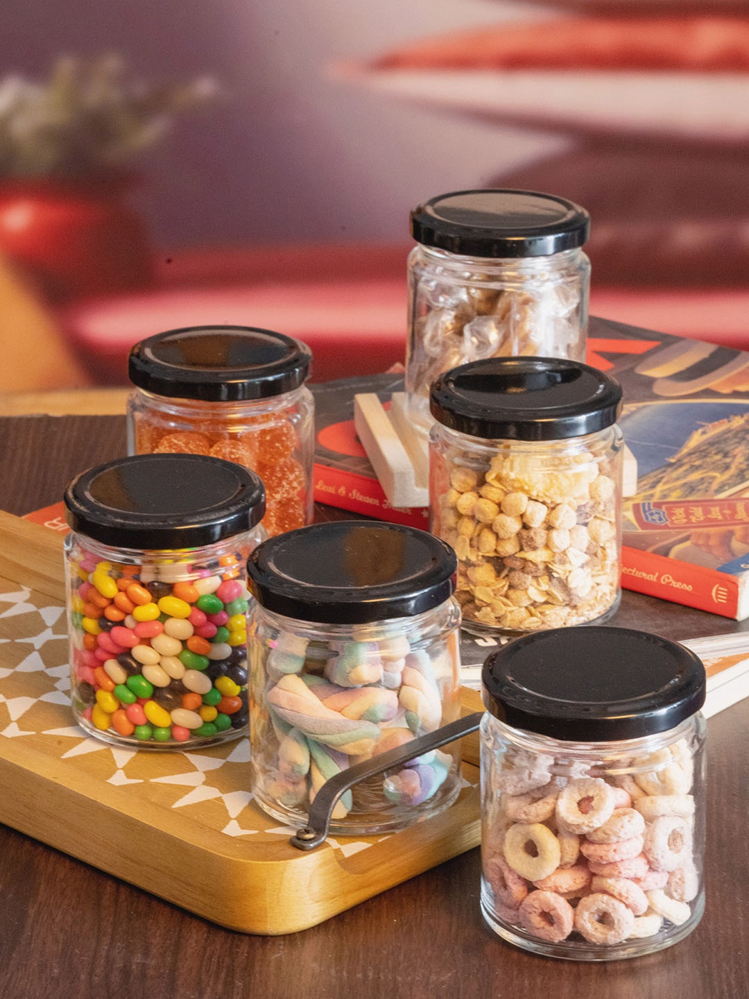 

GOODHOMES Set of 6 Transparent Glass Storage Jar with Black Metal Lid