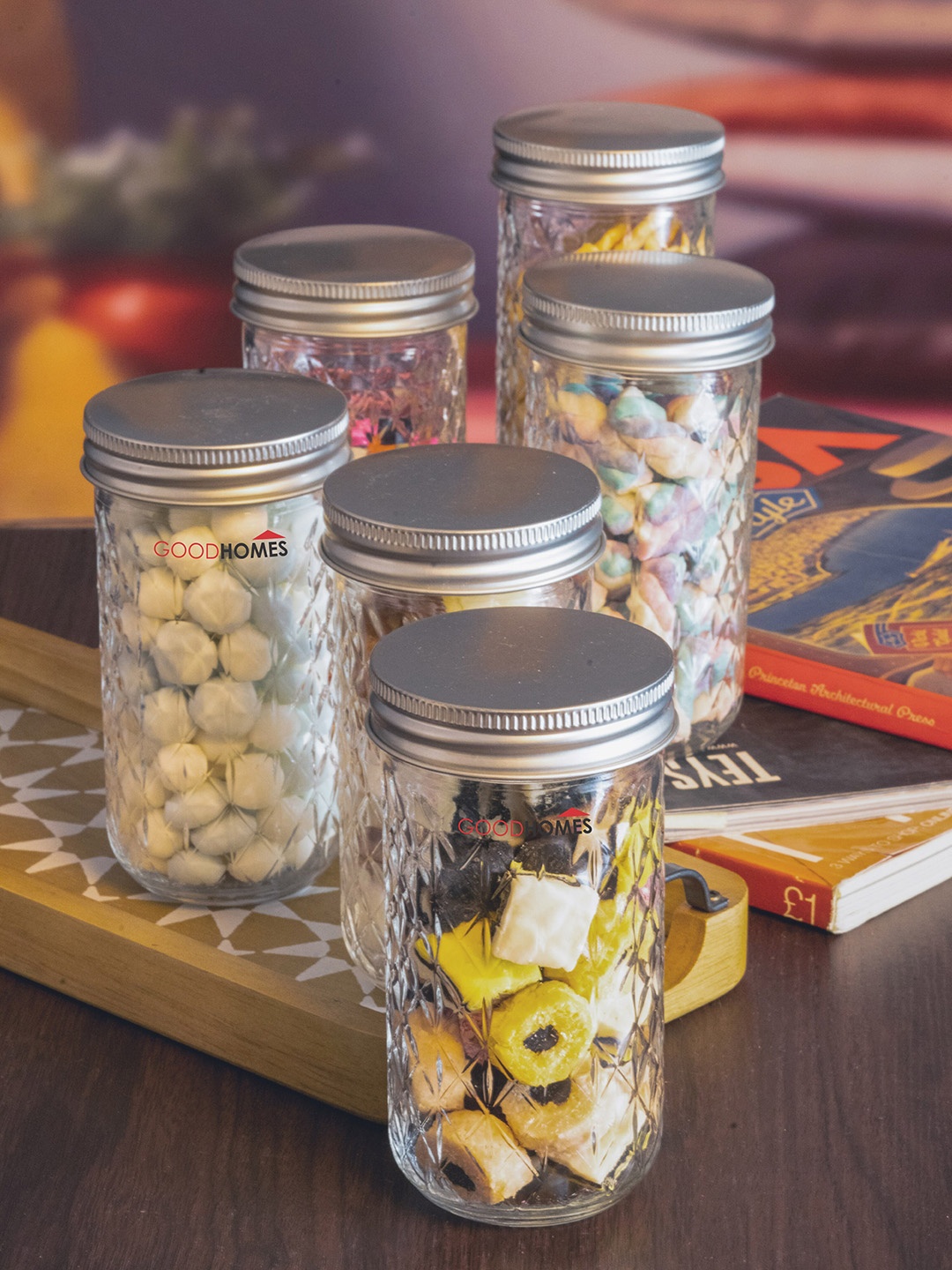 

GOODHOMES Set Of 6 Transparent & Silver-Toned Glass Storage Containers