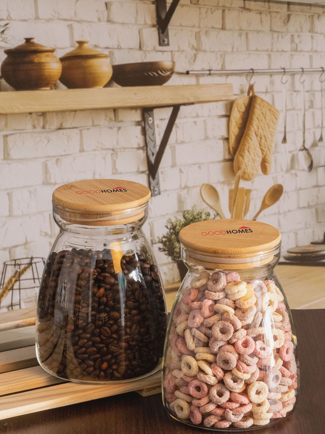 

GOODHOMES Set of 2 Dishwasher Safe Glass Storage Jar with Wooden Lid, Transparent