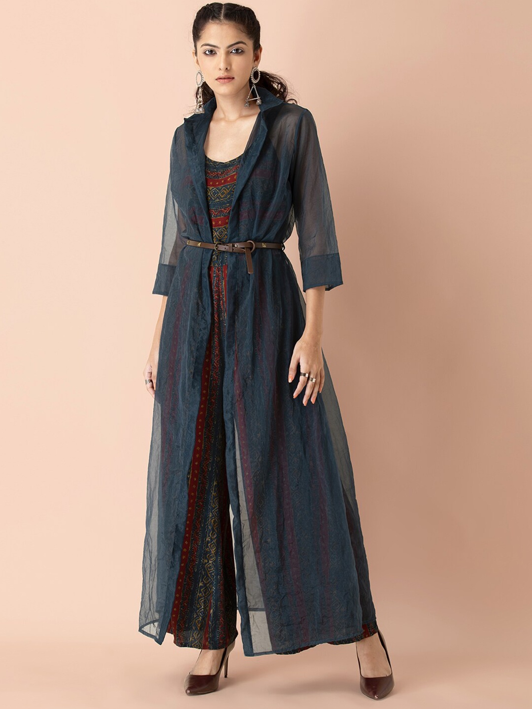 

Earthen BY INDYA Green & Red Striped Basic Jumpsuit with Organza Jacket