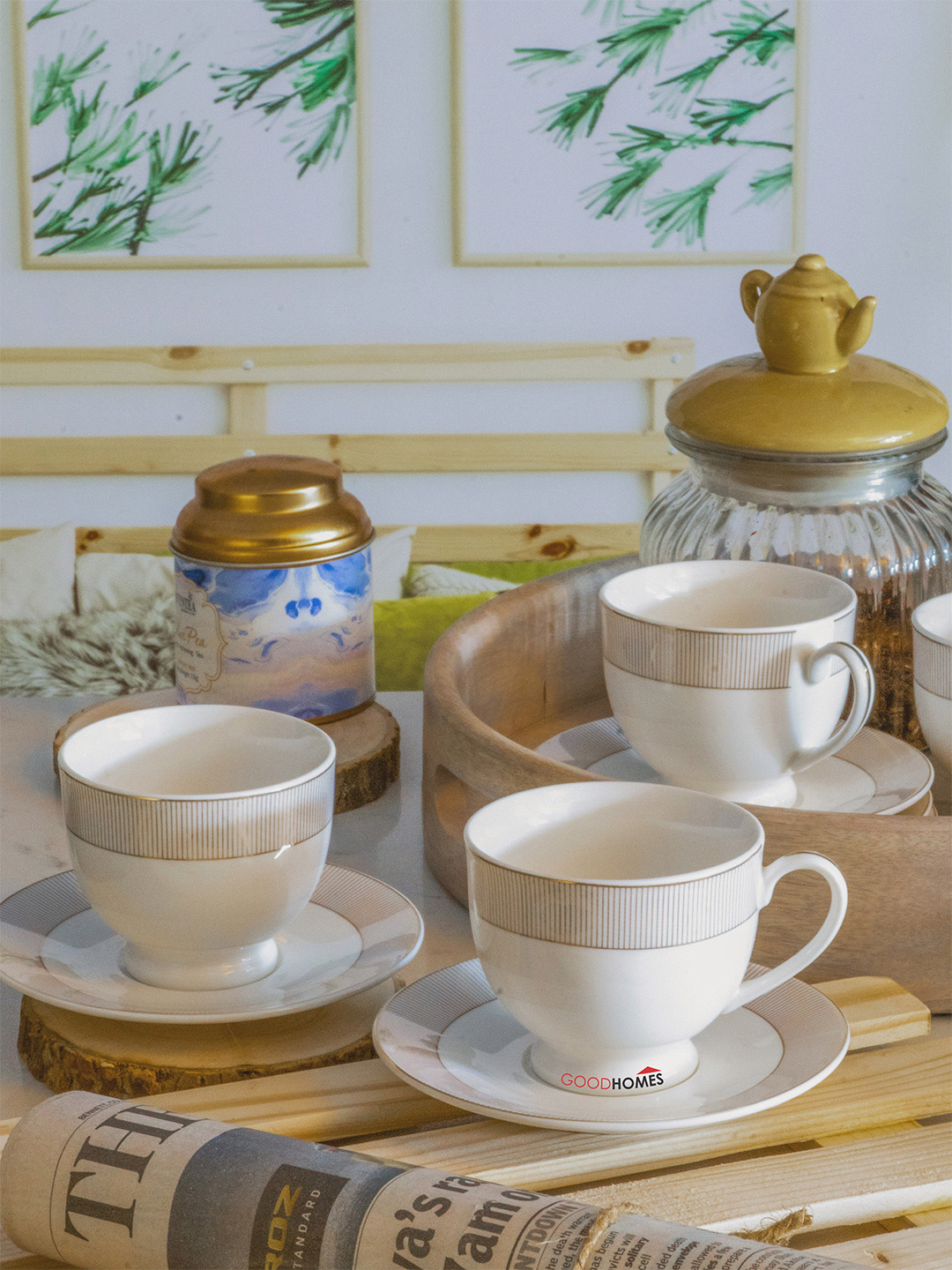 

GOODHOMES 12 Pieces White Printed Porcelain Glossy Cups and Saucer Set