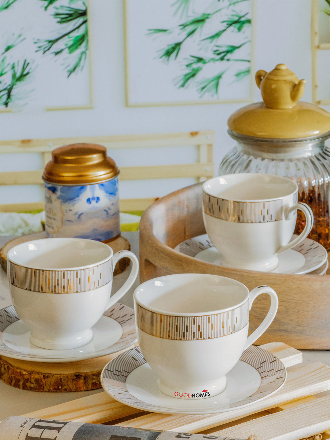 

GOODHOMES 12 Pieces White & Brown Geometric Printed Porcelain Glossy Cups and Saucers Set