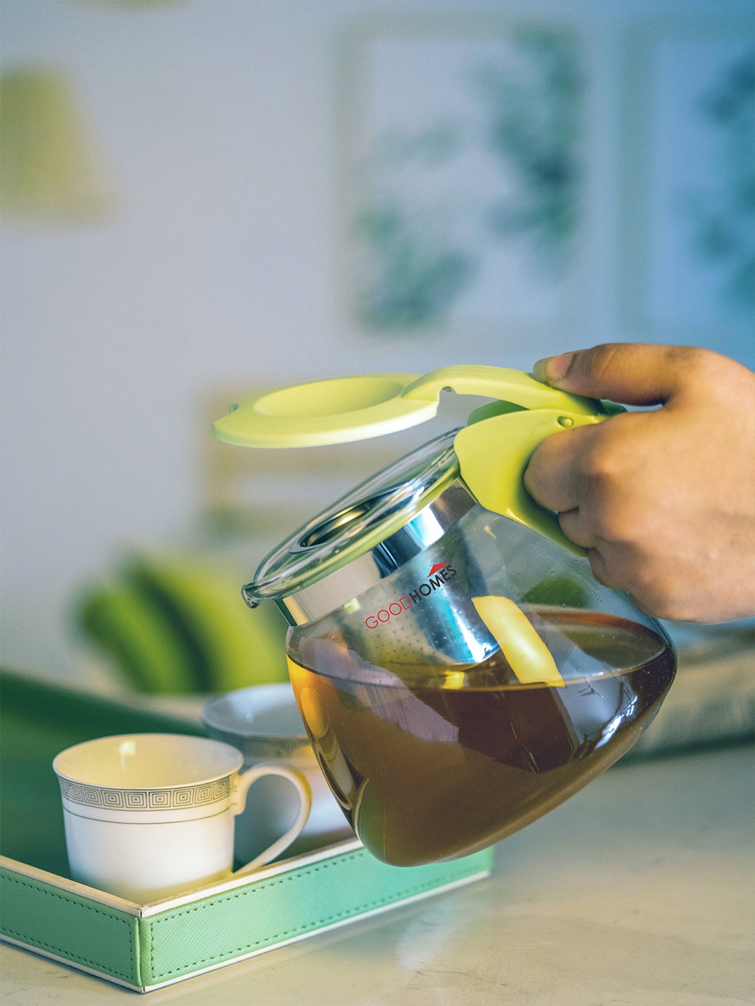 

GOODHOMES Transparent & Green Designer Tea Pot Glass Kettle