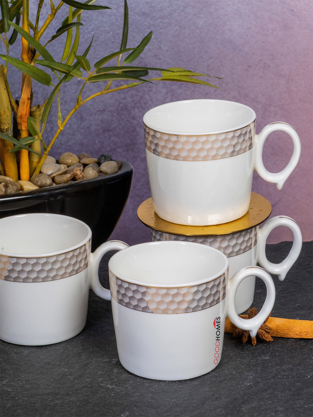 

GOODHOMES Set Of 6 White & Gold-Toned Printed Porcelain Glossy Cups & Mugs