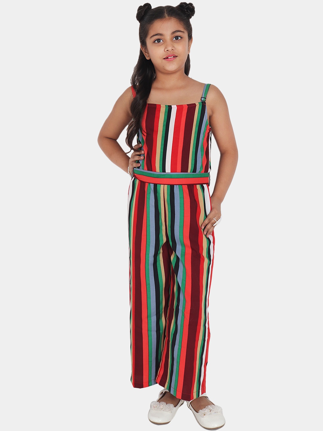 

YK Girls Multicoloured Striped Basic Jumpsuit, White