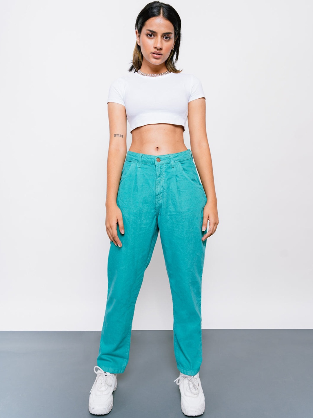 

FREAKINS Women Turquoise Blue High-Rise Tapered Fit Jeans
