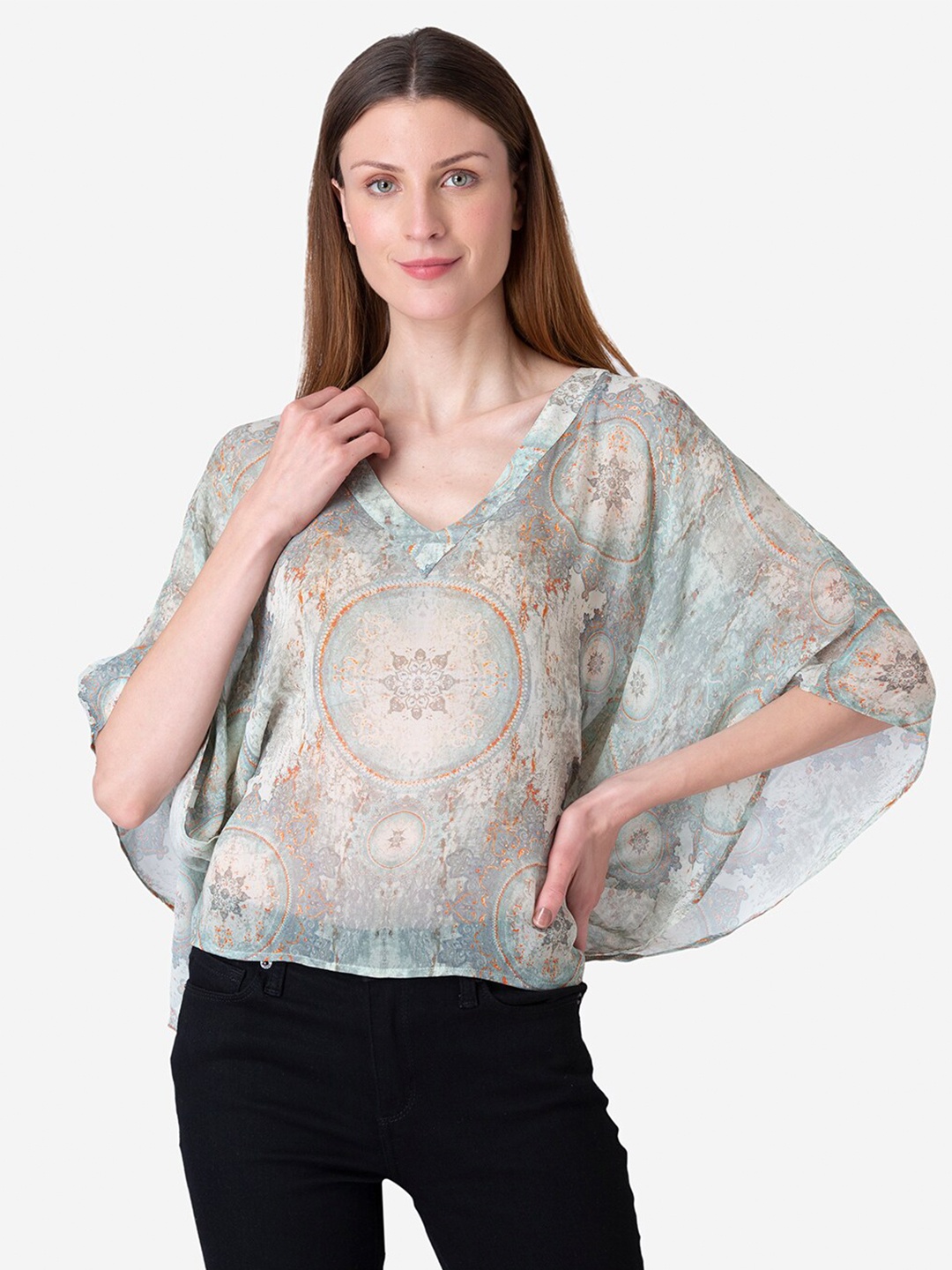 

Modriba Sea Green & Rust Print Kaftan Top