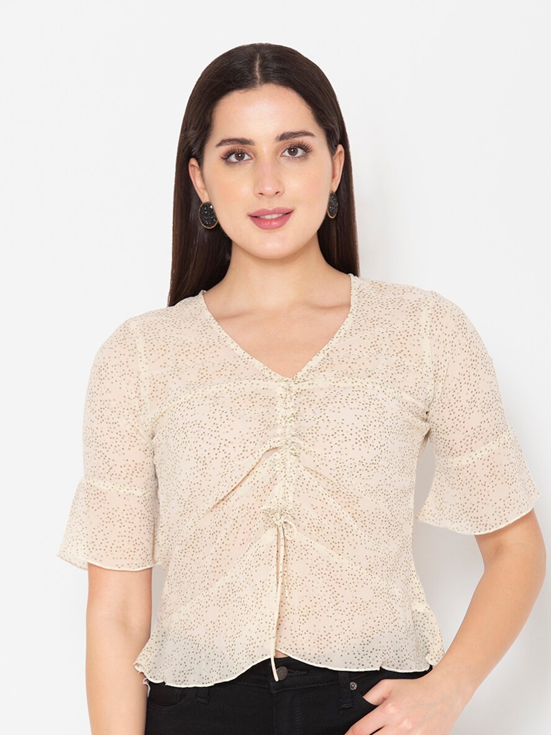 

Modriba Beige Printed Top With Gathered Detailing