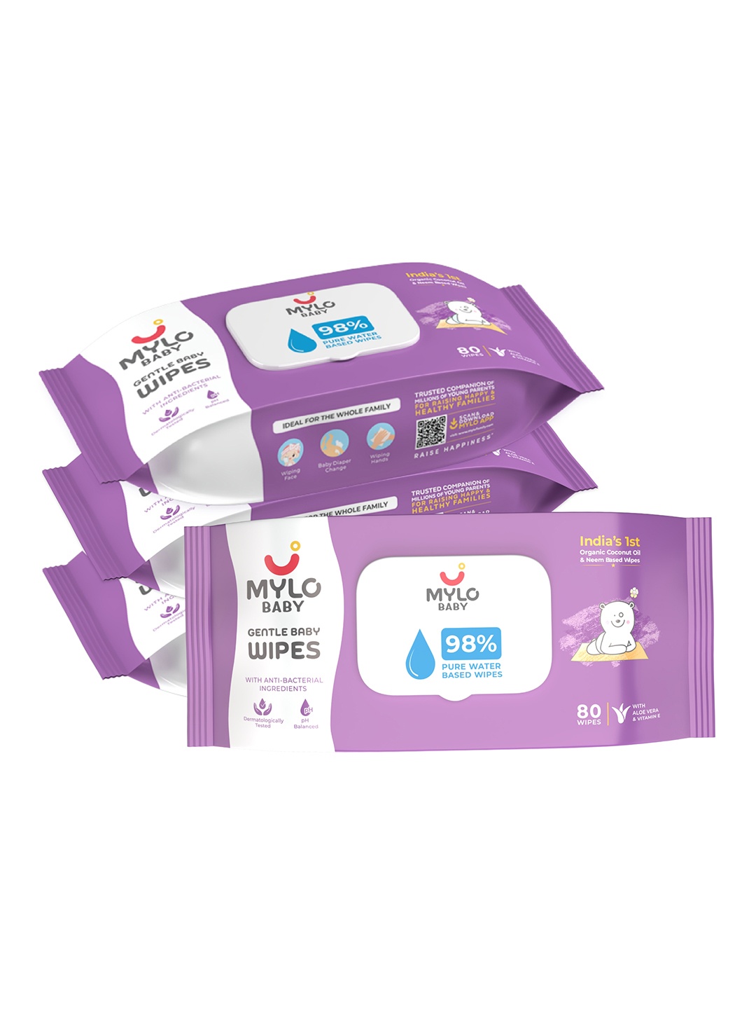 

Mylo Pack of 4 Baby Wipes With Lid Organic Coconut Oil & Neem - 80 Wipes Each, White