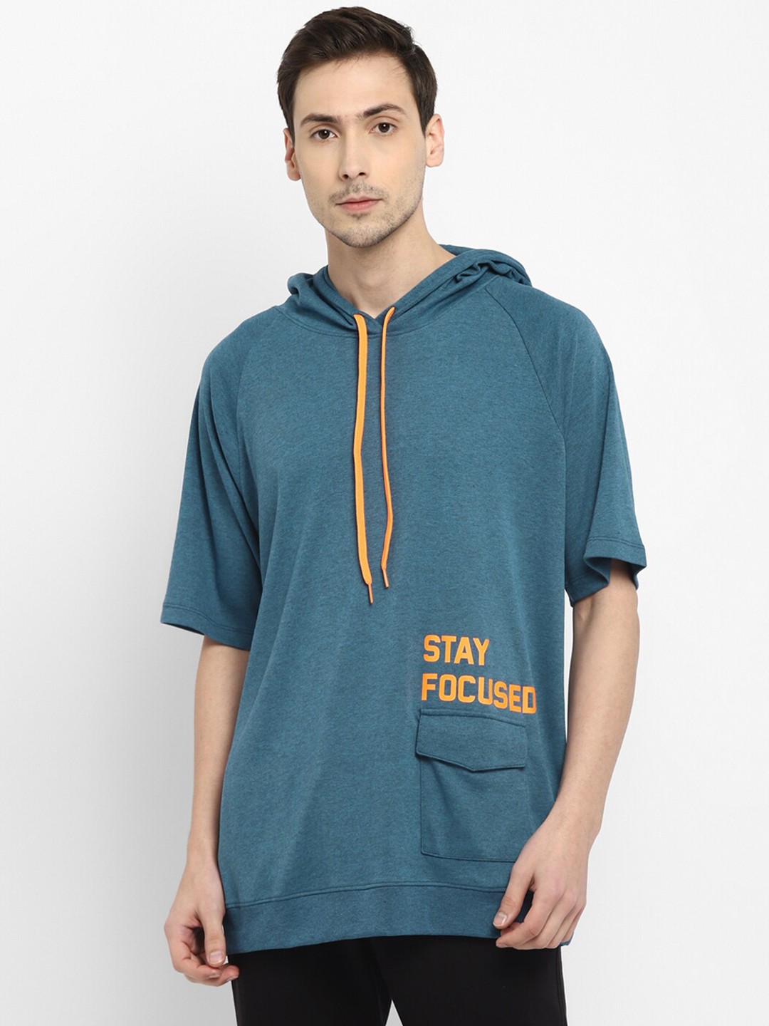

OFF LIMITS Men Teal Hooded Longline T-shirt