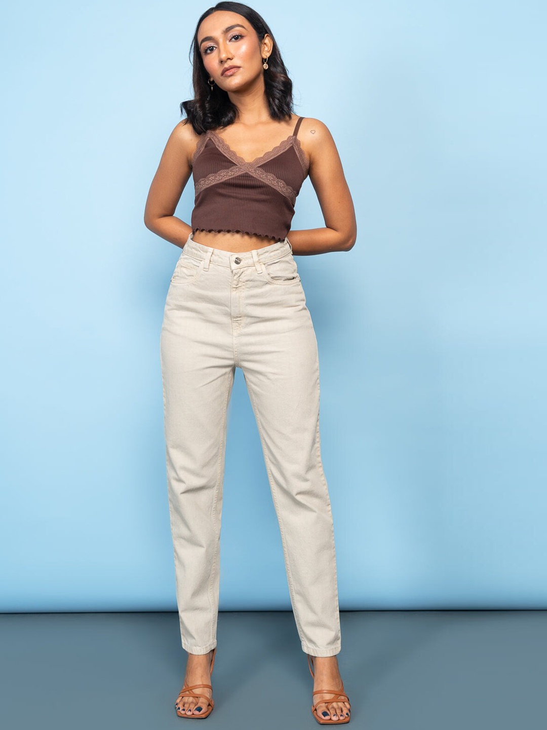 

FREAKINS Women Beige High-Rise Cotton Mom Fit Jeans