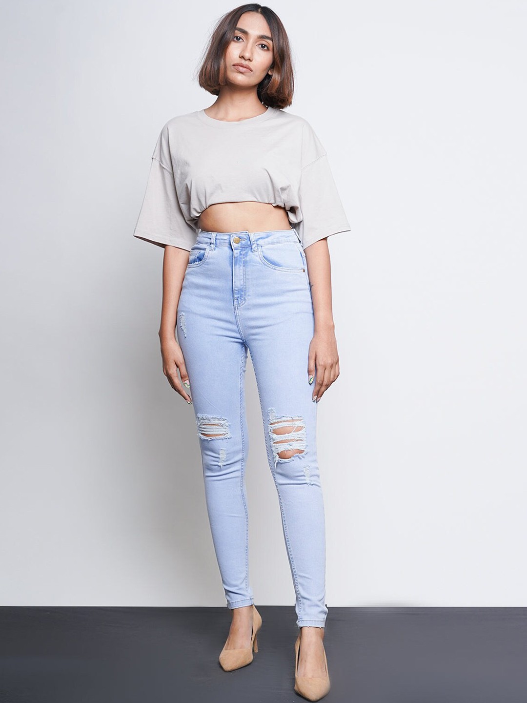 

FREAKINS Women Blue High-Rise Low Distress Heavy Fade Skinny Fit Jeans