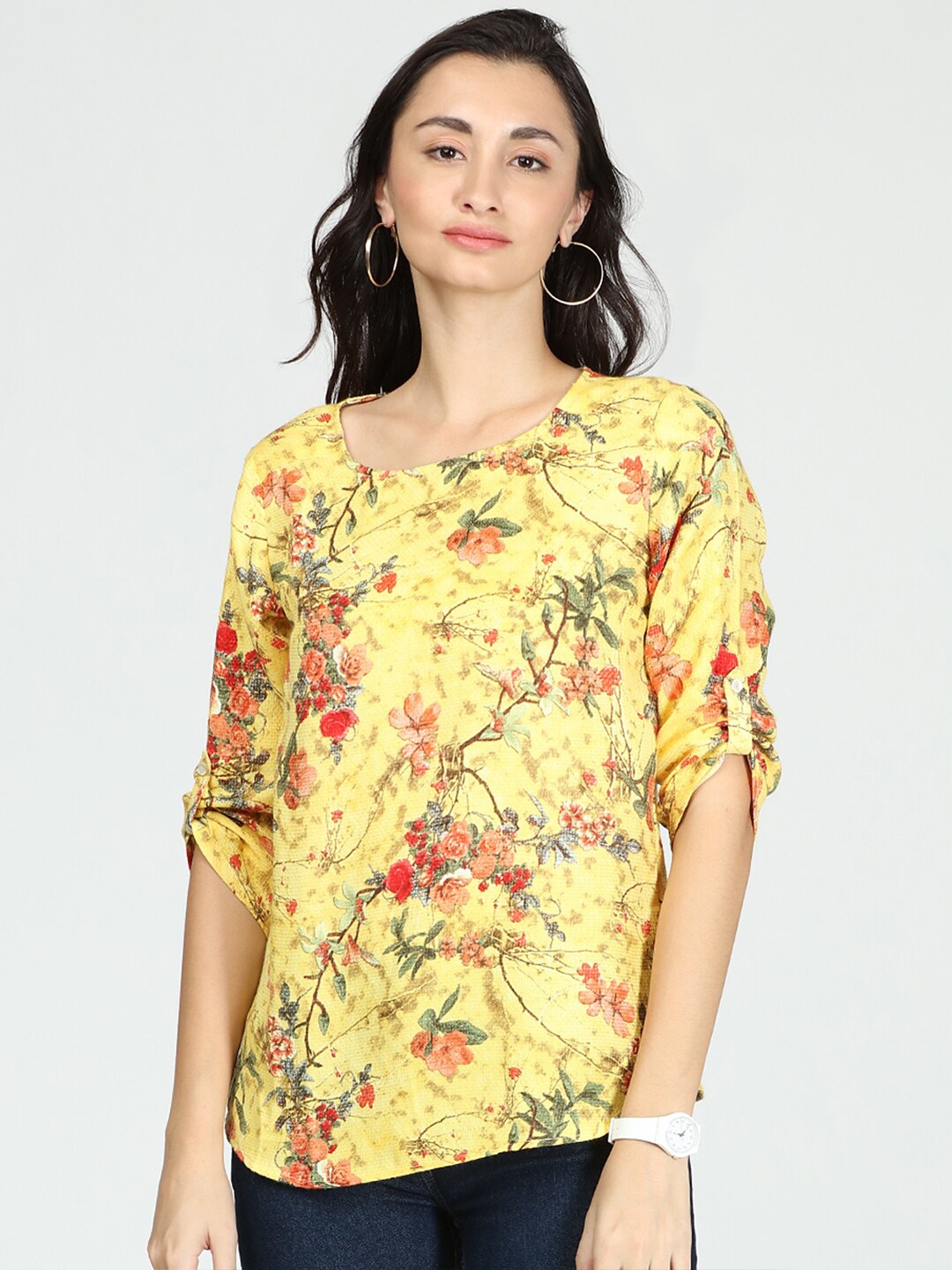 

IDK Yellow & Pink Floral Print Roll-Up Sleeves Top