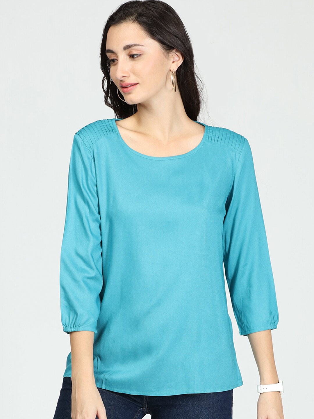 

IDK Women Teal Blue Solid Round Neck Regular Top