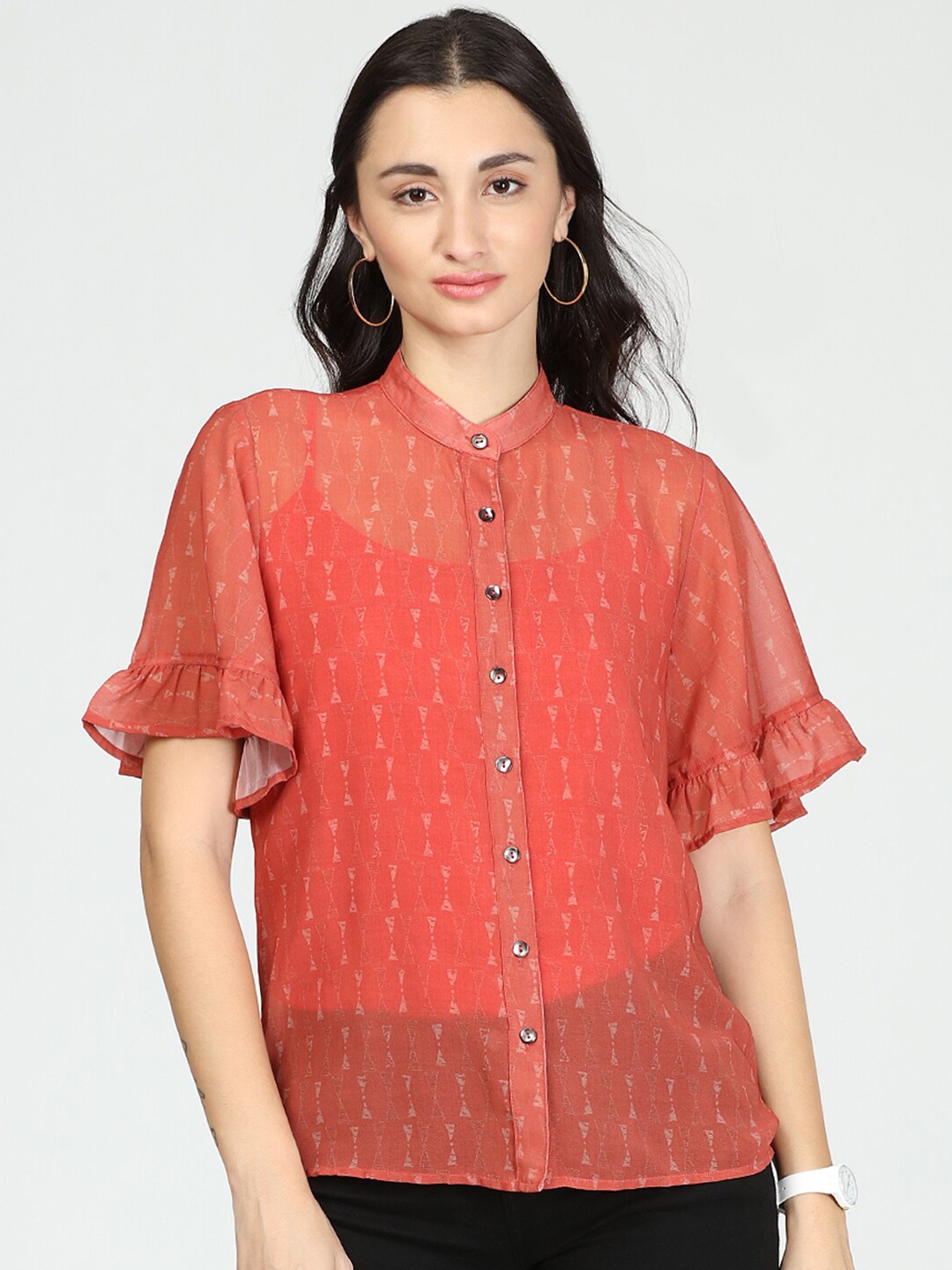 

IDK Women Rust Geometric Printed Shirt Style Top